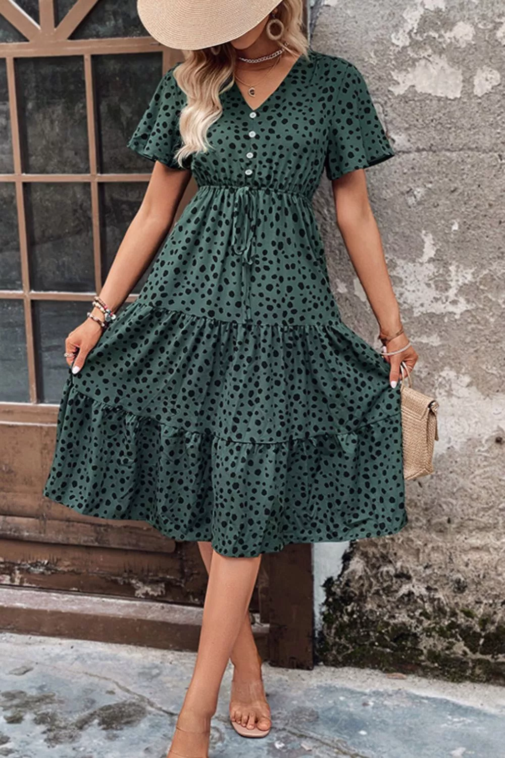 Printed Buttoned V-Neck Flutter Sleeve Dress, image 3