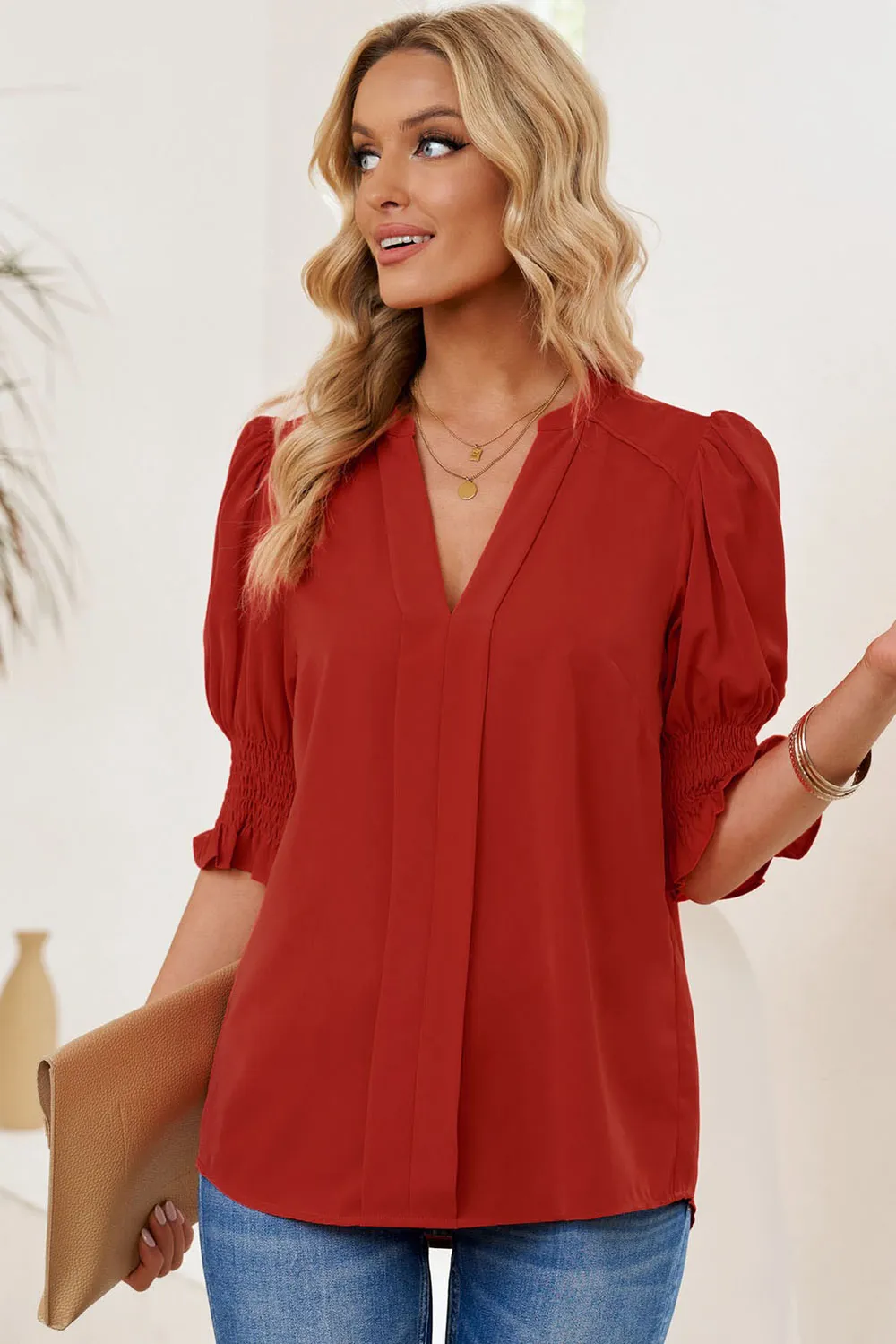 Smocked Flounce Sleeve Notched Neck Blouse, image 10