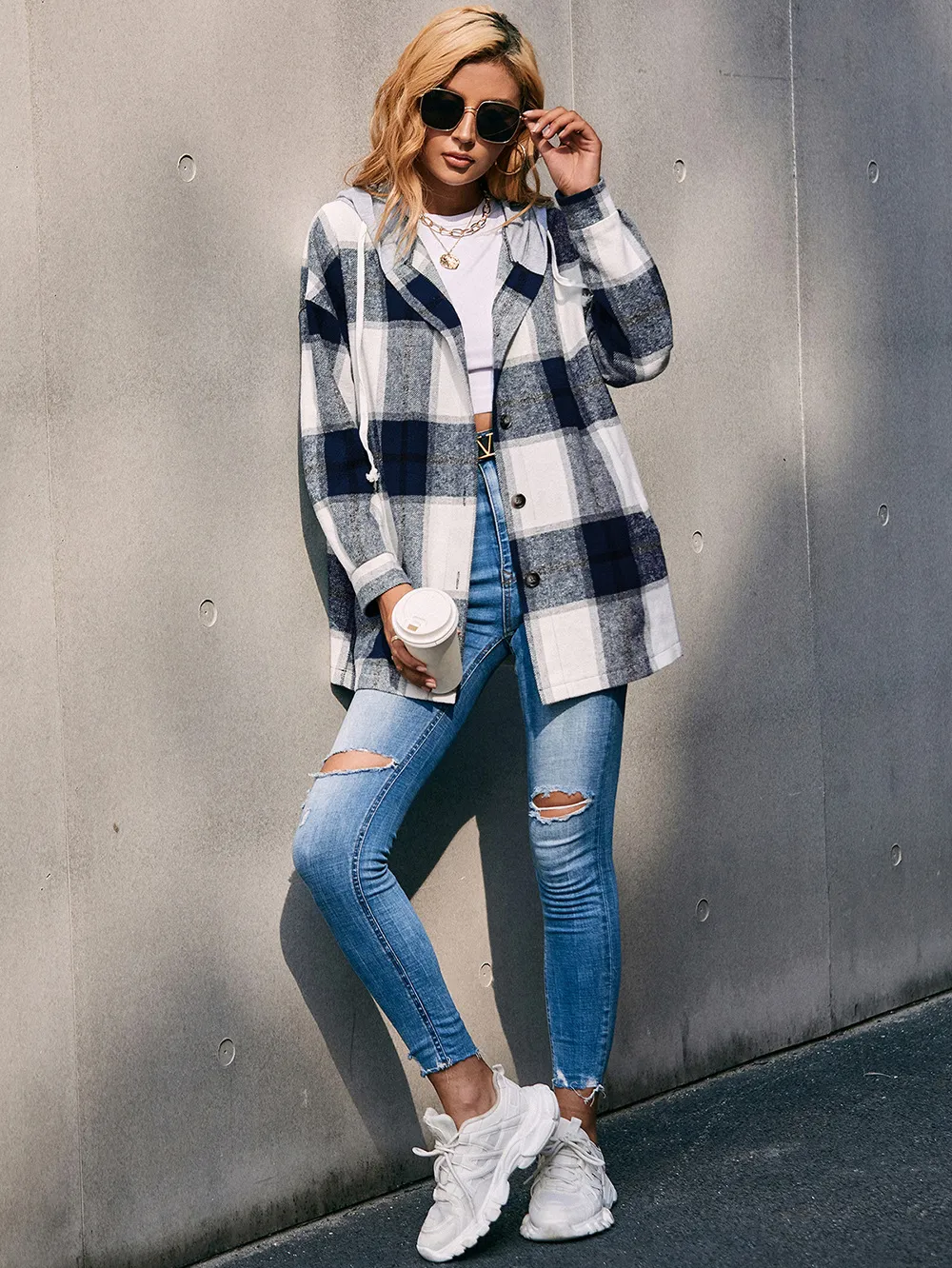 Plaid Dropped Shoulder Hooded Jacket, image 6
