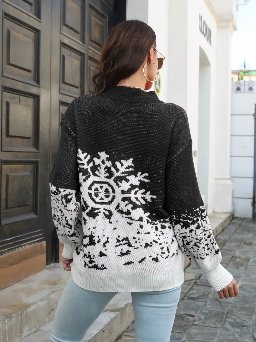 Snowflake Pattern Mock Neck Sweater, image 6