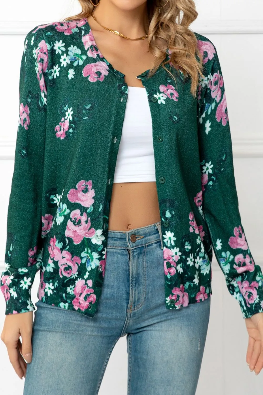Floral Button Front Round Neck Cardigan, image 10