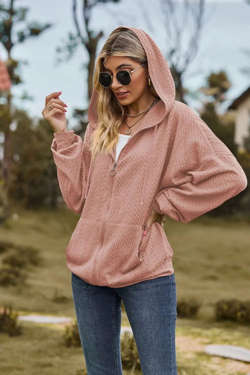 Cable-Knit Long Sleeve Hooded Jacket, image 4