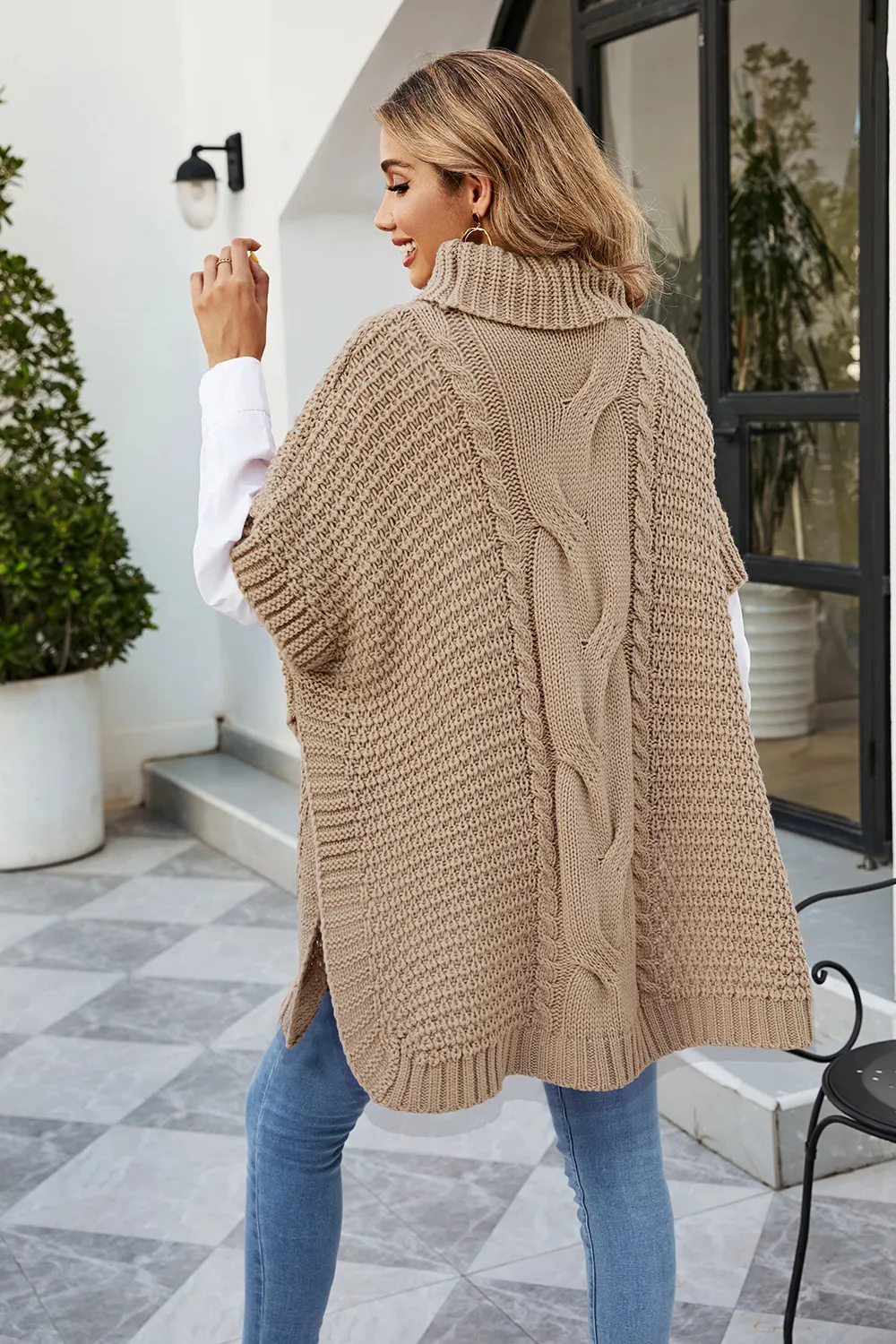 Cable-Knit Turtleneck Slit Sweater, image 3
