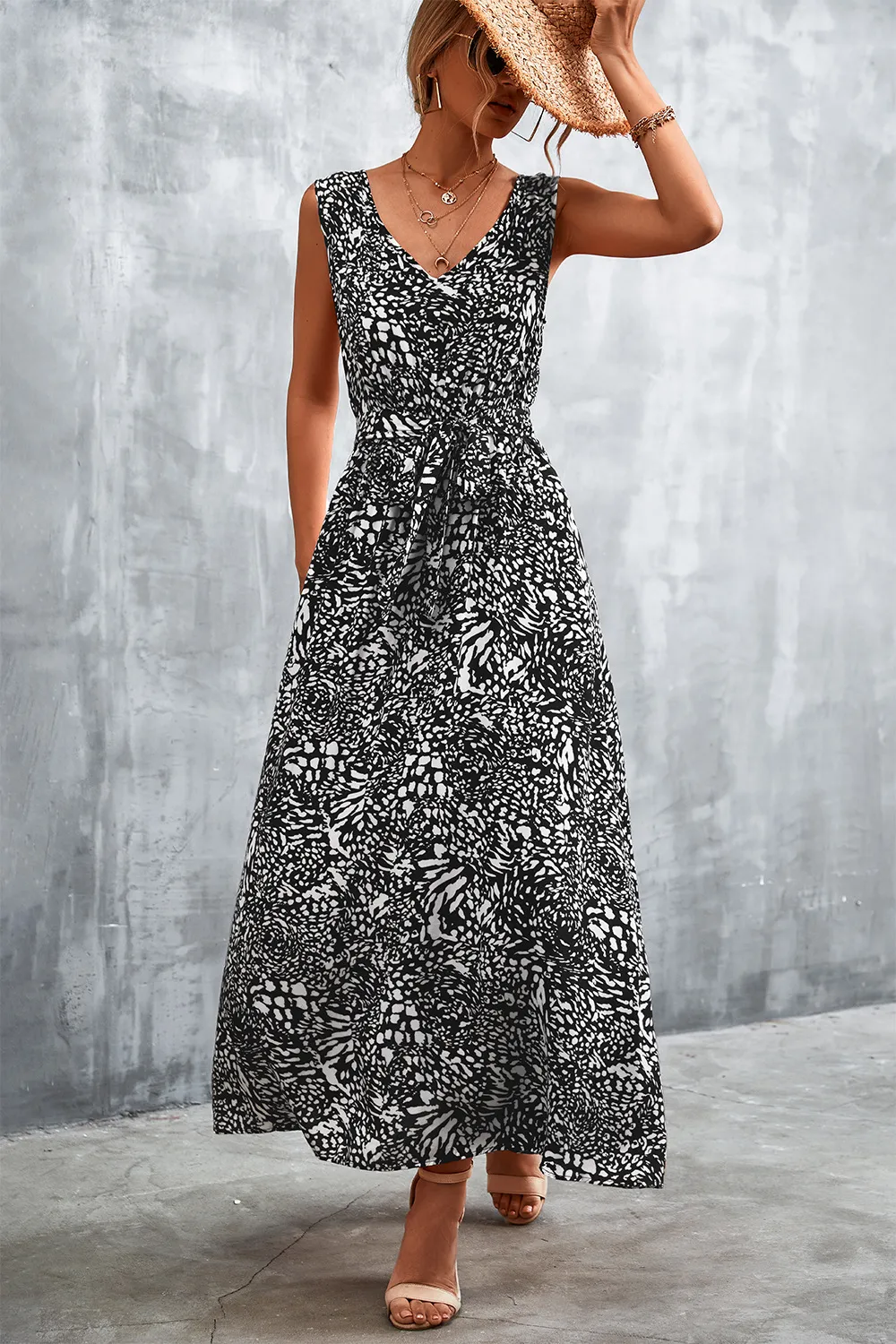 Printed V-Neck Tie Waist Maxi Dress, image 6
