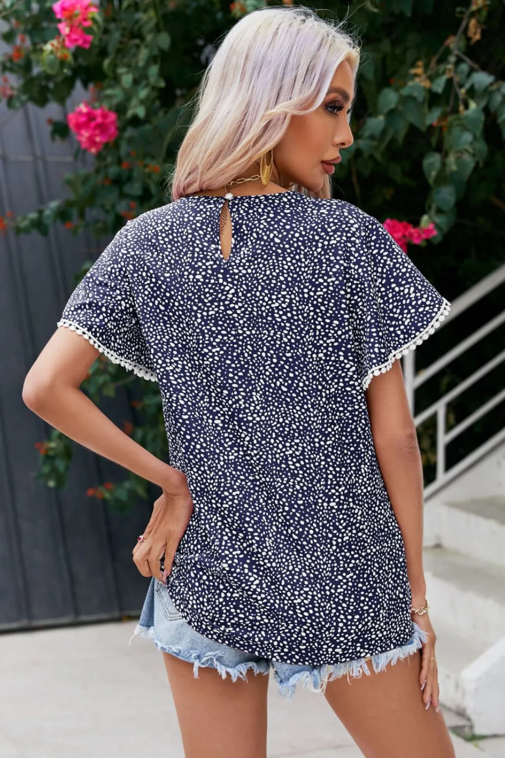 Printed Pom Pom Detail Petal Sleeve Blouse, image 6