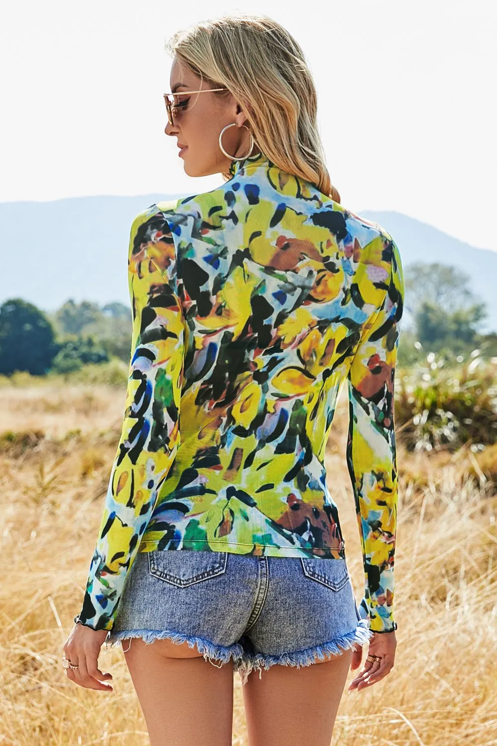 Printed Mock Neck Long Sleeve Blouse, image 2