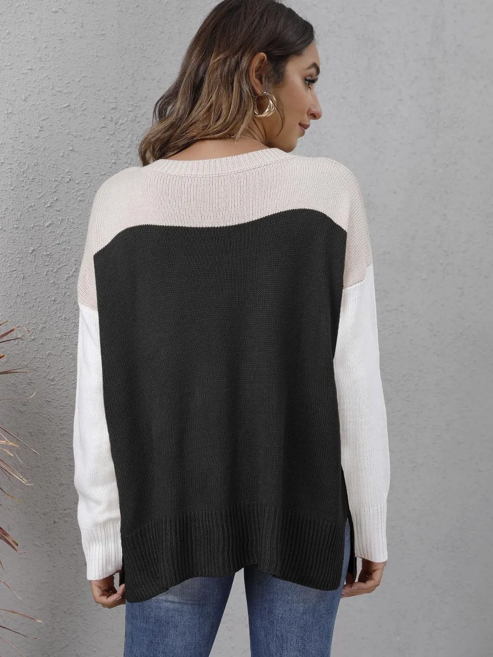 Color Block Round Neck Dropped Shoulder Sweater, image 4