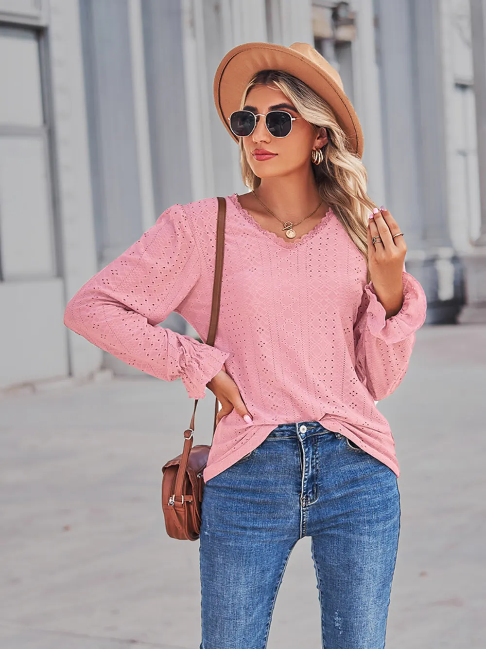 Eyelet V-Neck Flounce Sleeve Blouse, image 5
