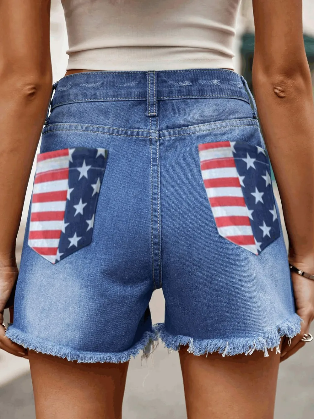 American Flag Raw Hem Denim Shorts with Pockets, image 4