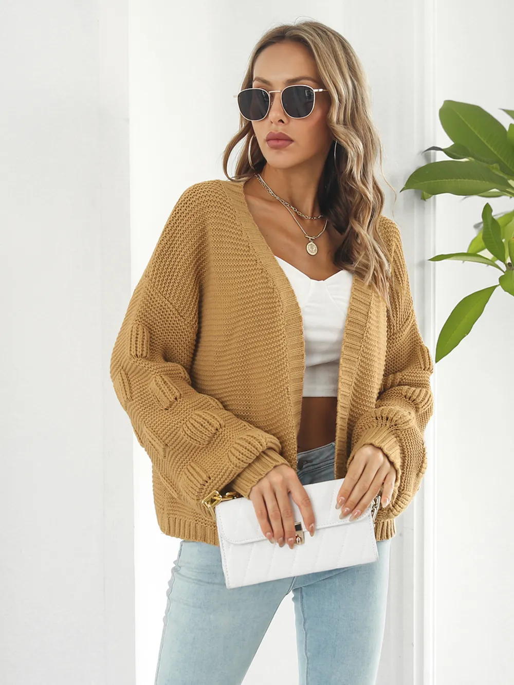Open Front Ribbed Trim Cardigan, image 2