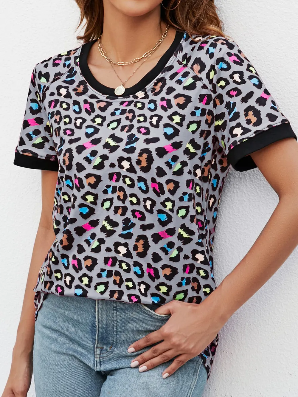 Leopard Round Neck Short Sleeve Tee Shirt, image 8
