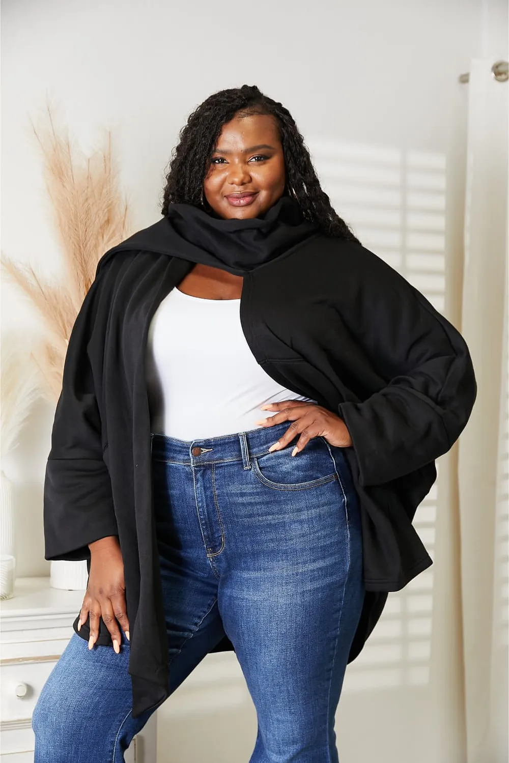 Full Size Open Front Cardigan with Scarf Design, image 14