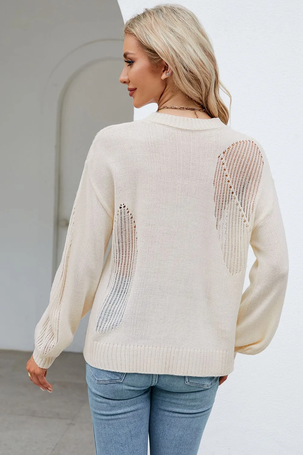 Openwork Round Neck Dropped Shoulder Knit Top, image 16