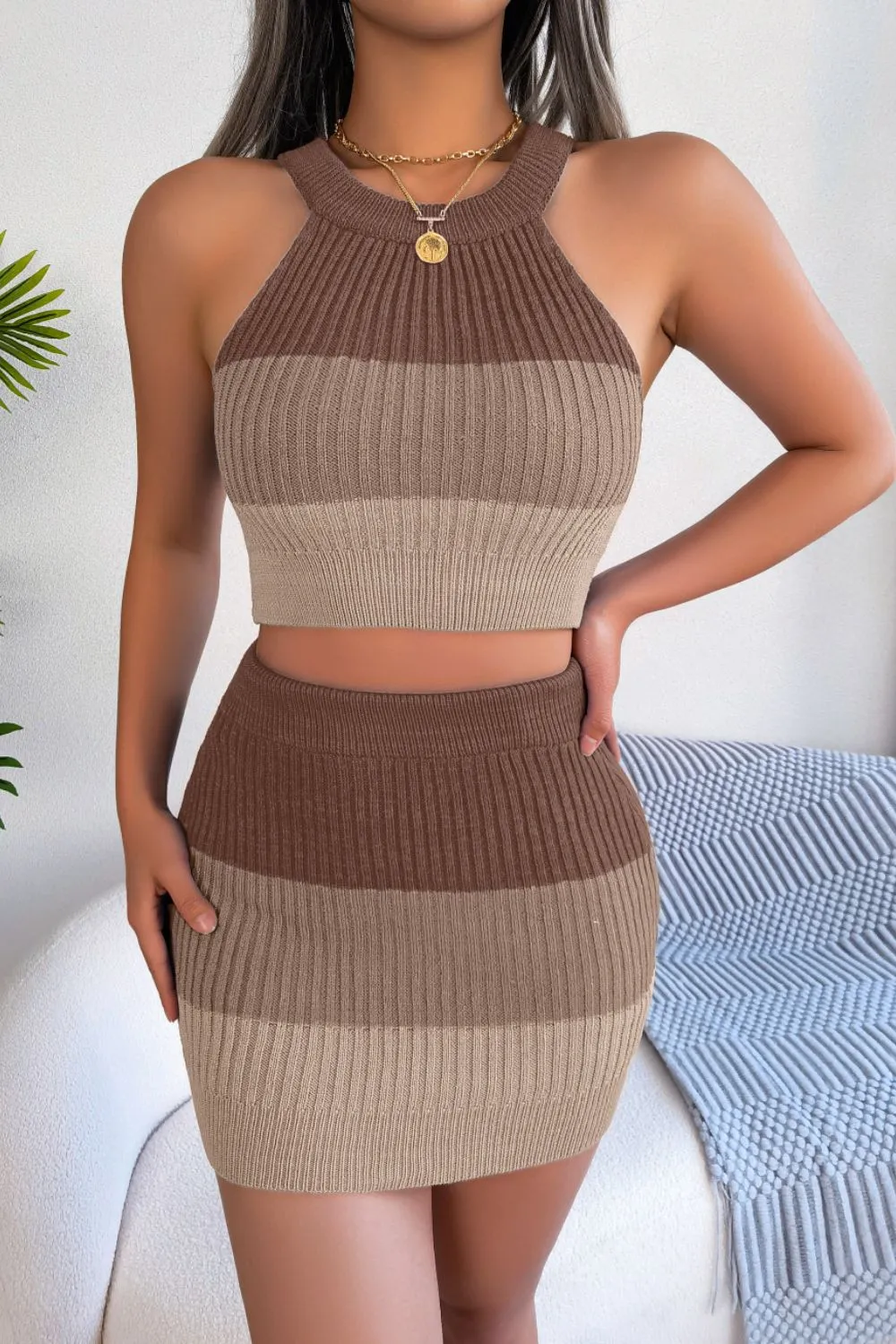 Color Block Sleeveless Crop Knit Top and Skirt Set, image 7