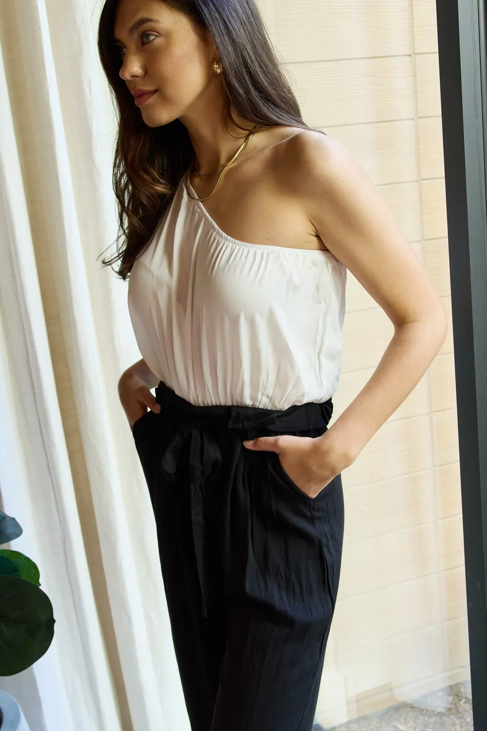 Marvelous in Manhattan One-Shoulder Jumpsuit in White/Black, image 5