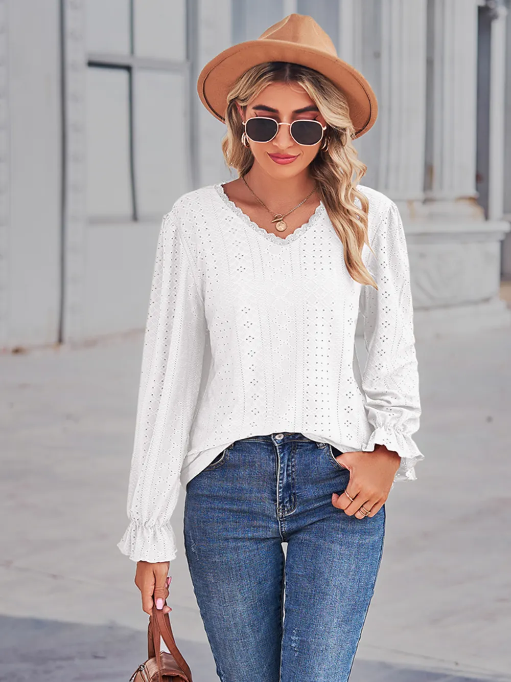 Eyelet V-Neck Flounce Sleeve Blouse, image 6
