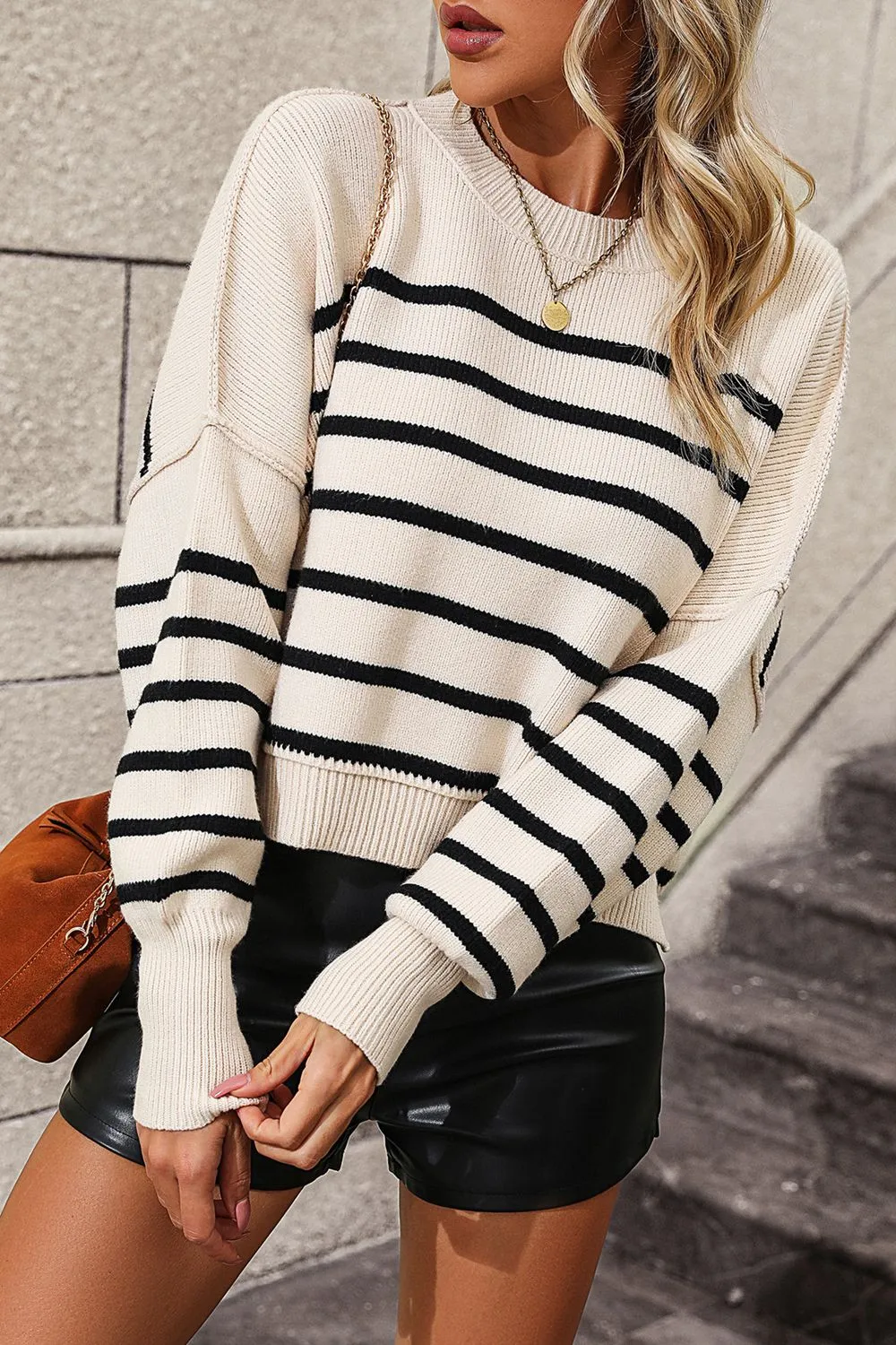 Striped Dropped Shoulder Round Neck Pullover Sweater, image 6