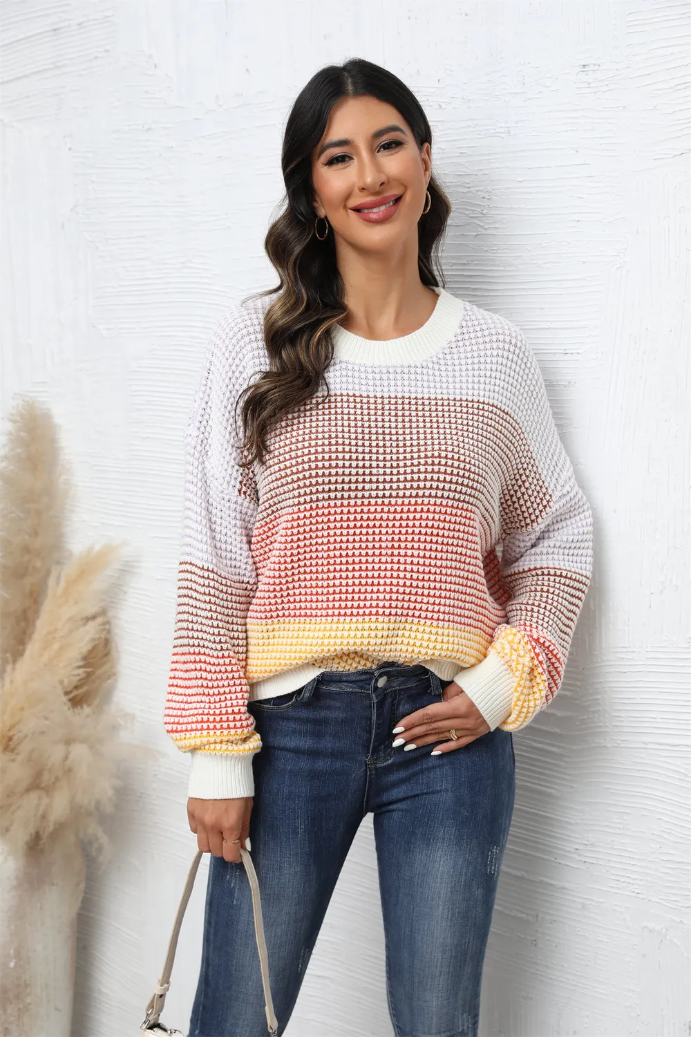 Waffle-Knit Round Neck Dropped Shoulder Color Block Sweater, image 5