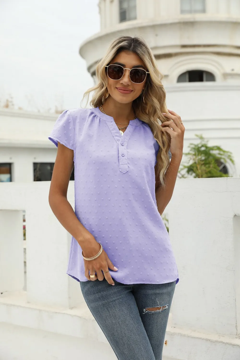 Swiss Dot Notched Neck Short Sleeve Top, image 33