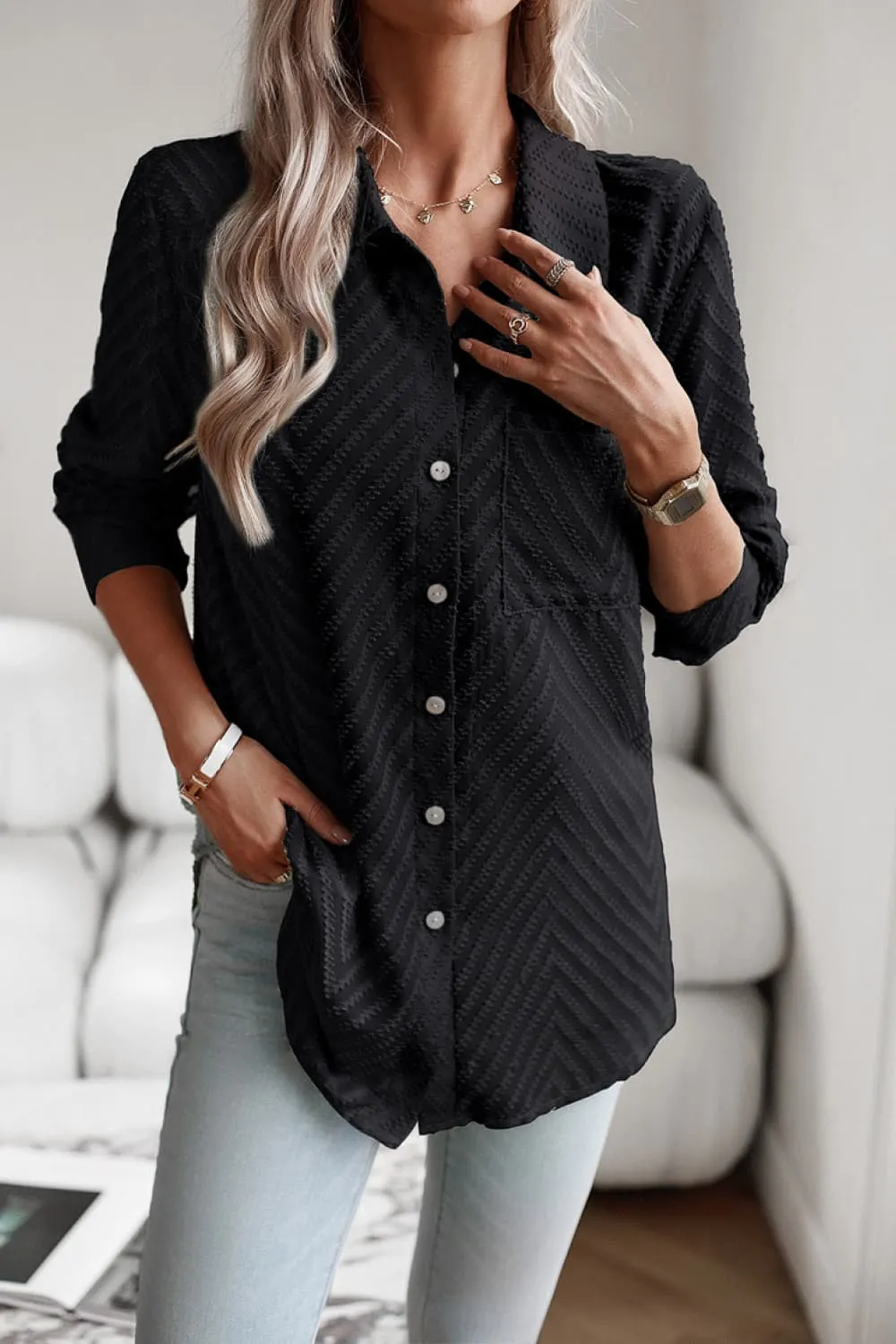 Collared Neck Long Sleeve Pocketed Shirt, image 13