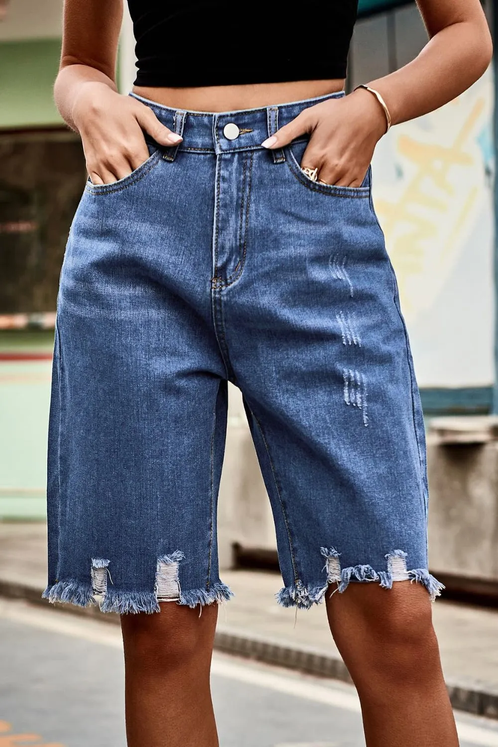 Raw Hem High Waist Denim Shorts with Pockets, image 3