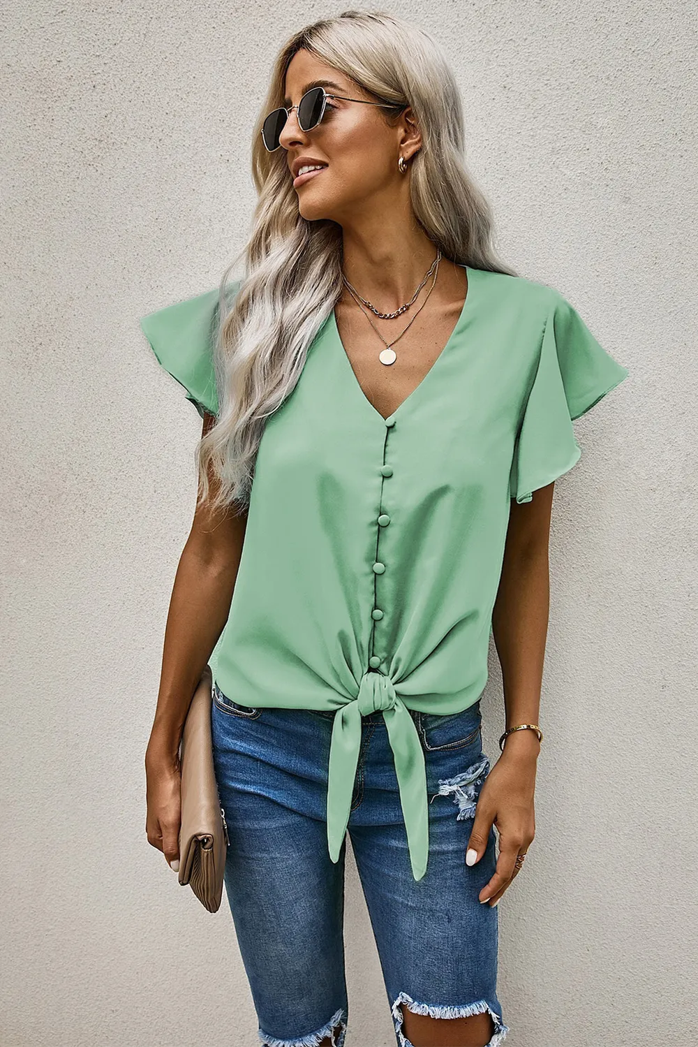 V-Neck Tie Hem Flutter Sleeve Blouse, image 17
