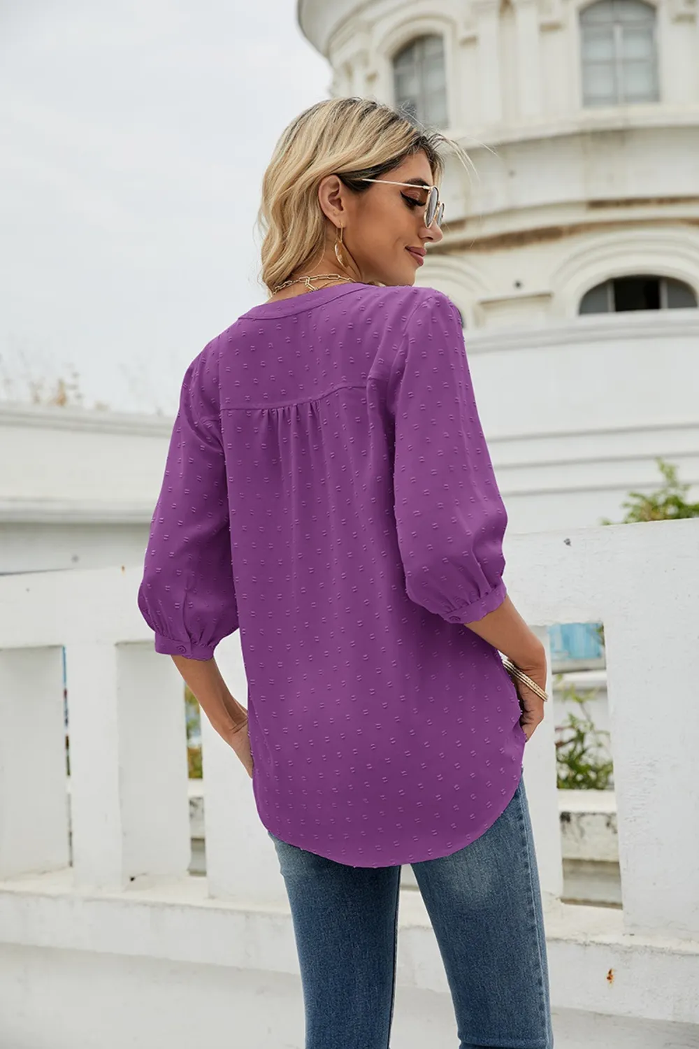 Swiss Dot Notched Neck Three-Quarter Sleeve Blouse, image 17