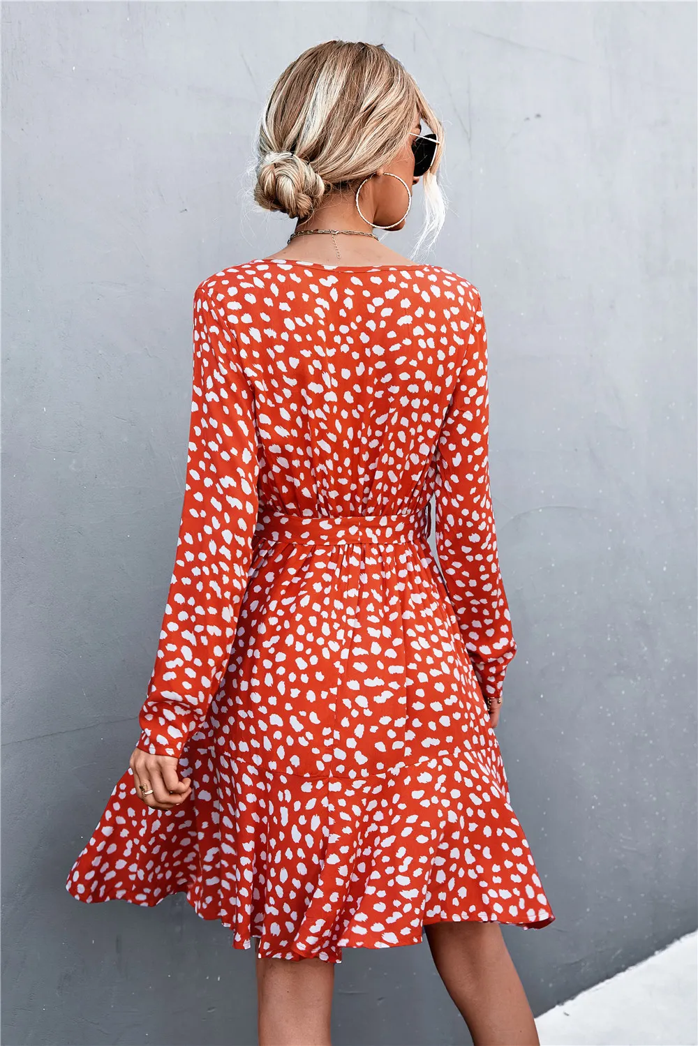 Printed V-Neck Tie Belt Ruffle Hem Mini Dress, image 4