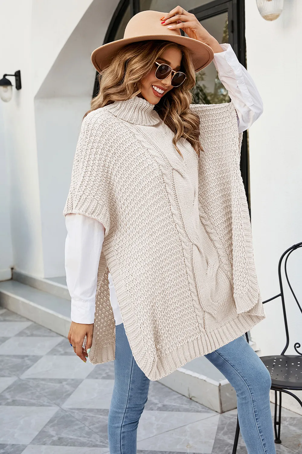 Cable-Knit Turtleneck Slit Sweater, image 9