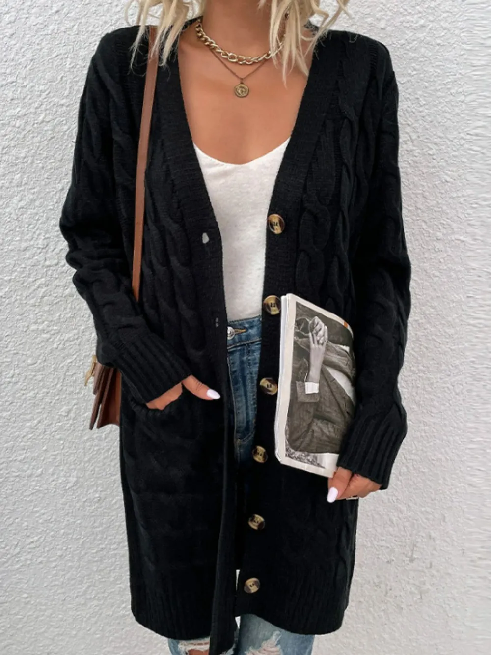 Cable-Knit Button Down Cardigan with Pockets, image 5