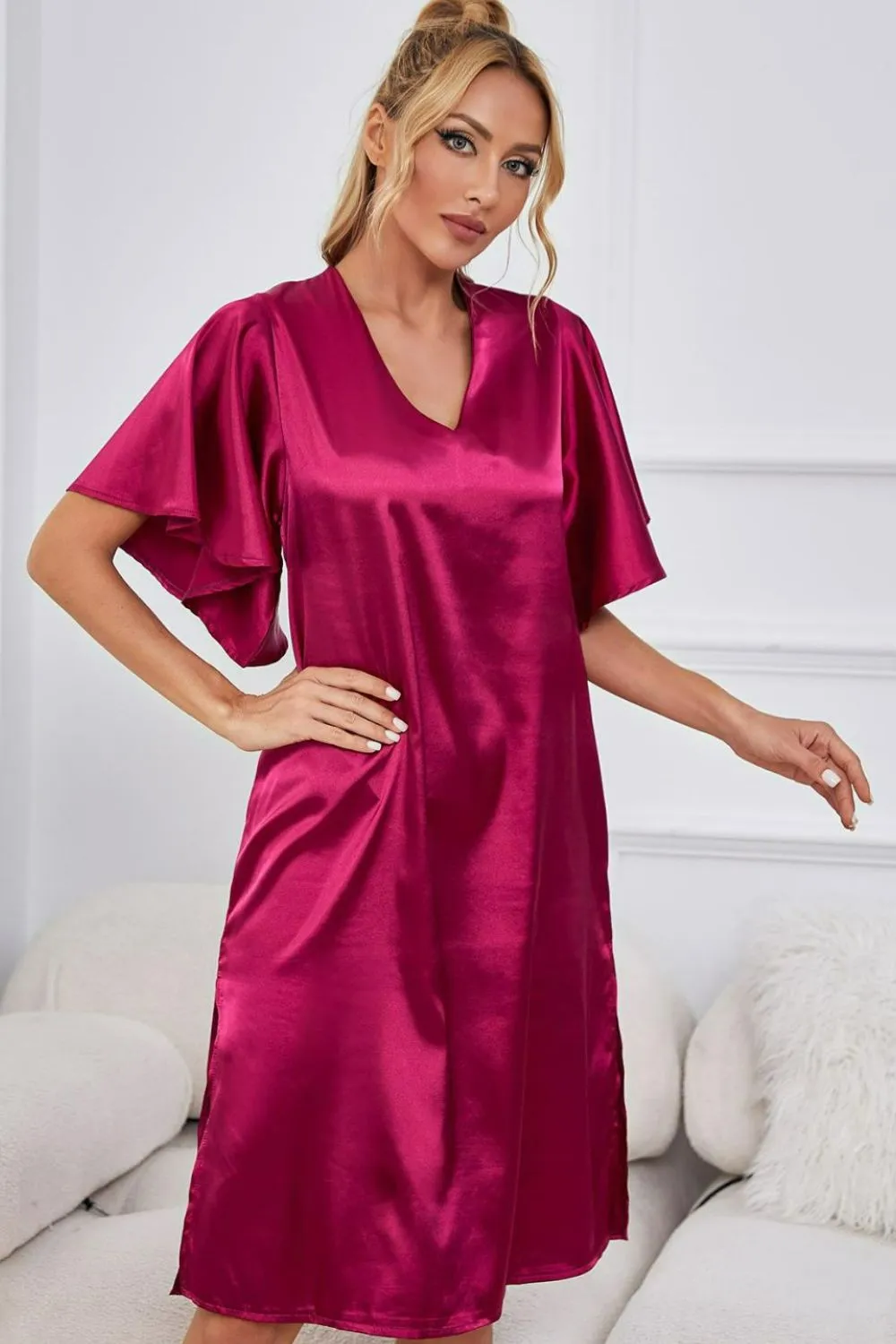 Satin Flutter Sleeve Side Slit V-Neck Night Dress, image 5
