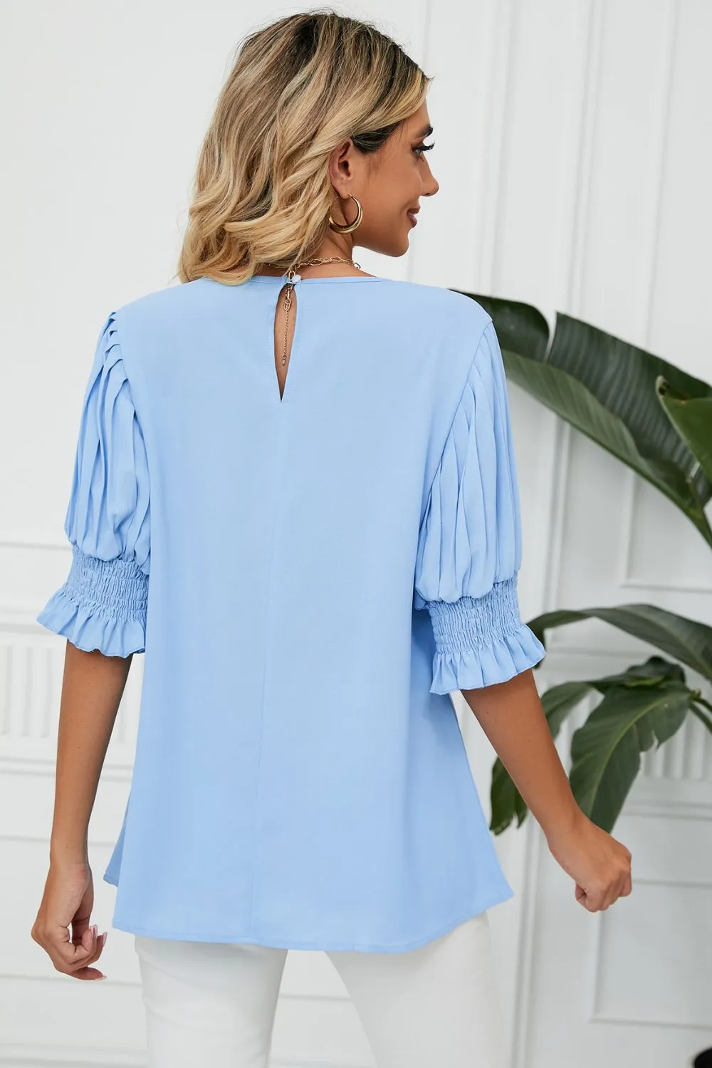 Pleated Flounce Sleeve Keyhole Blouse, image 2
