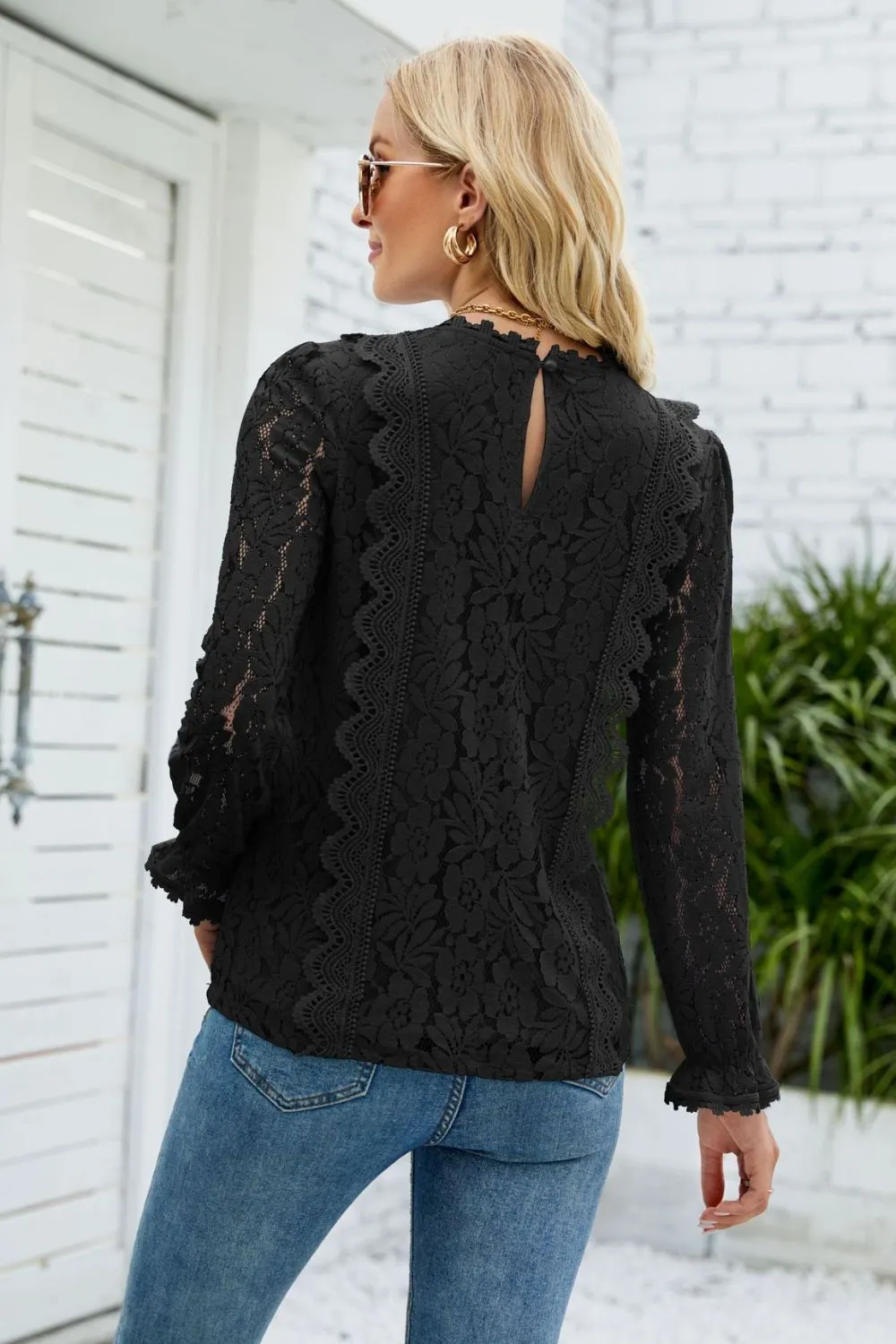 V-Neck Flounce Sleeve Lace Top, image 2
