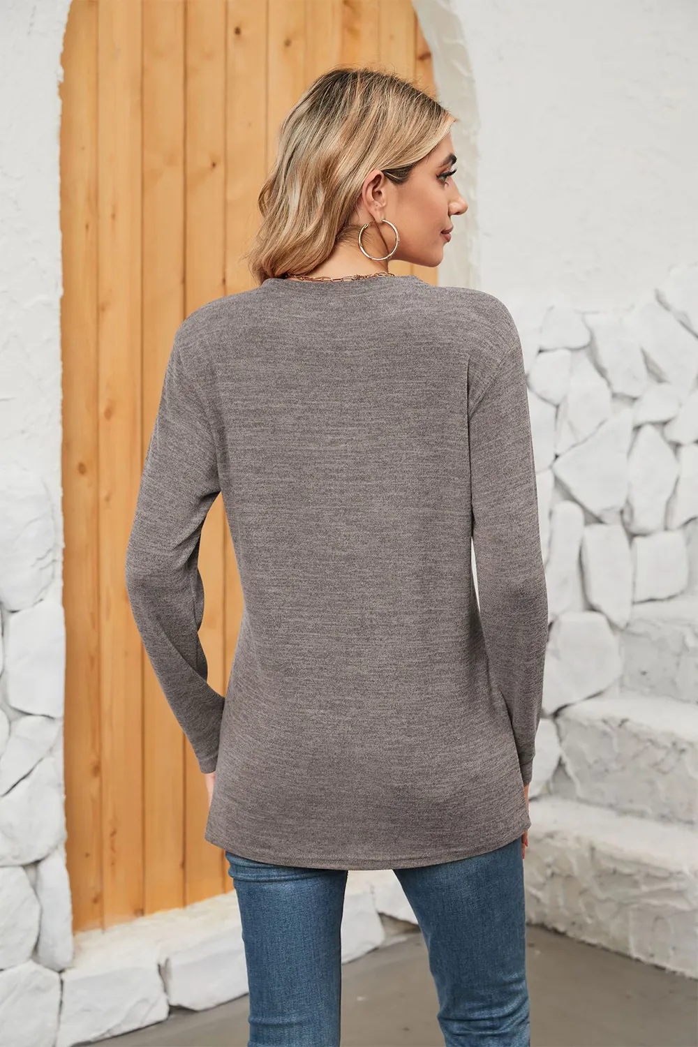 Notched Neck Long Sleeve T-Shirt, image 15