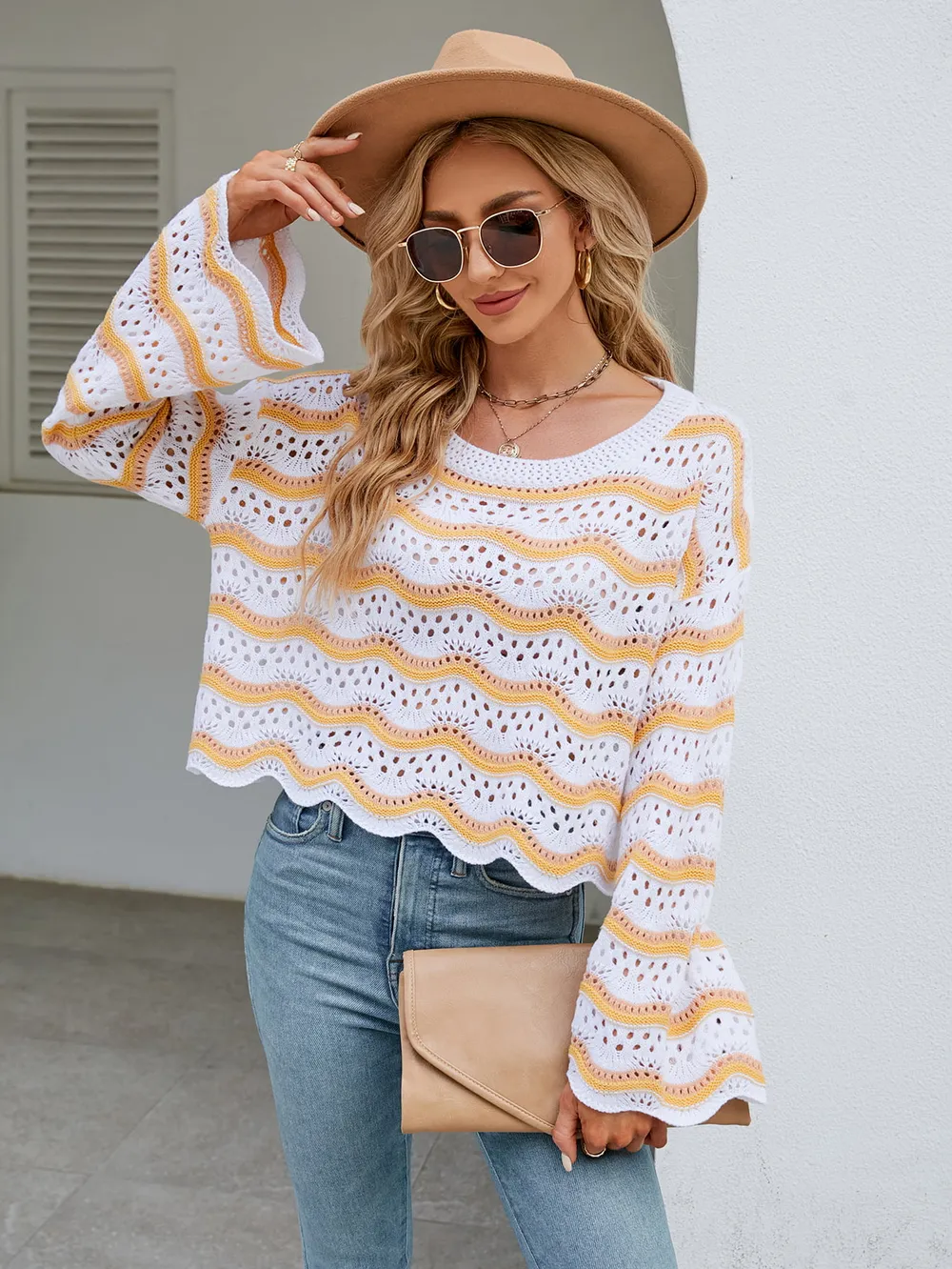 Round Neck Openwork Flare Sleeve Knit Top, image 17
