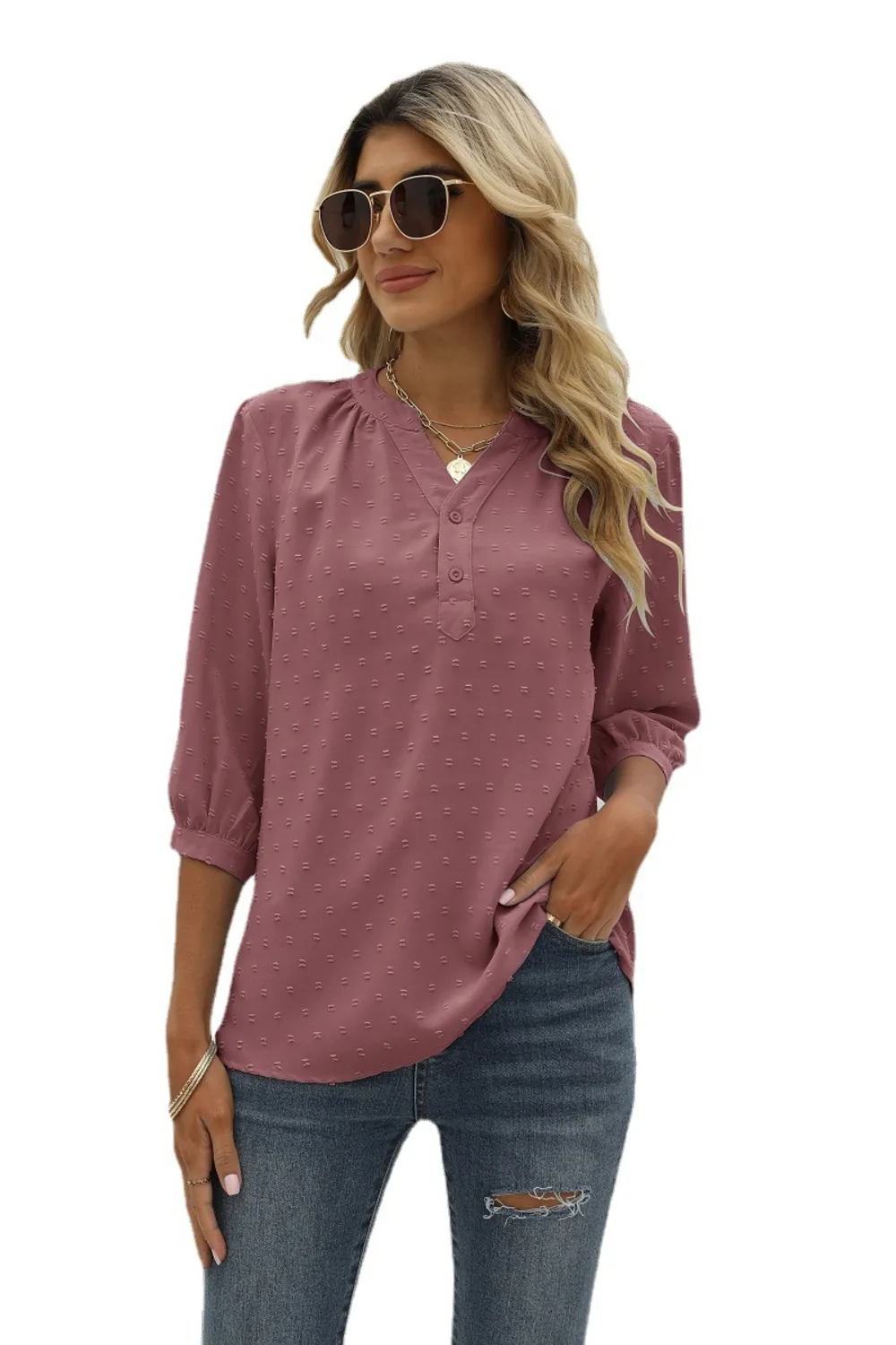 Swiss Dot Notched Neck Three-Quarter Sleeve Blouse, image 22