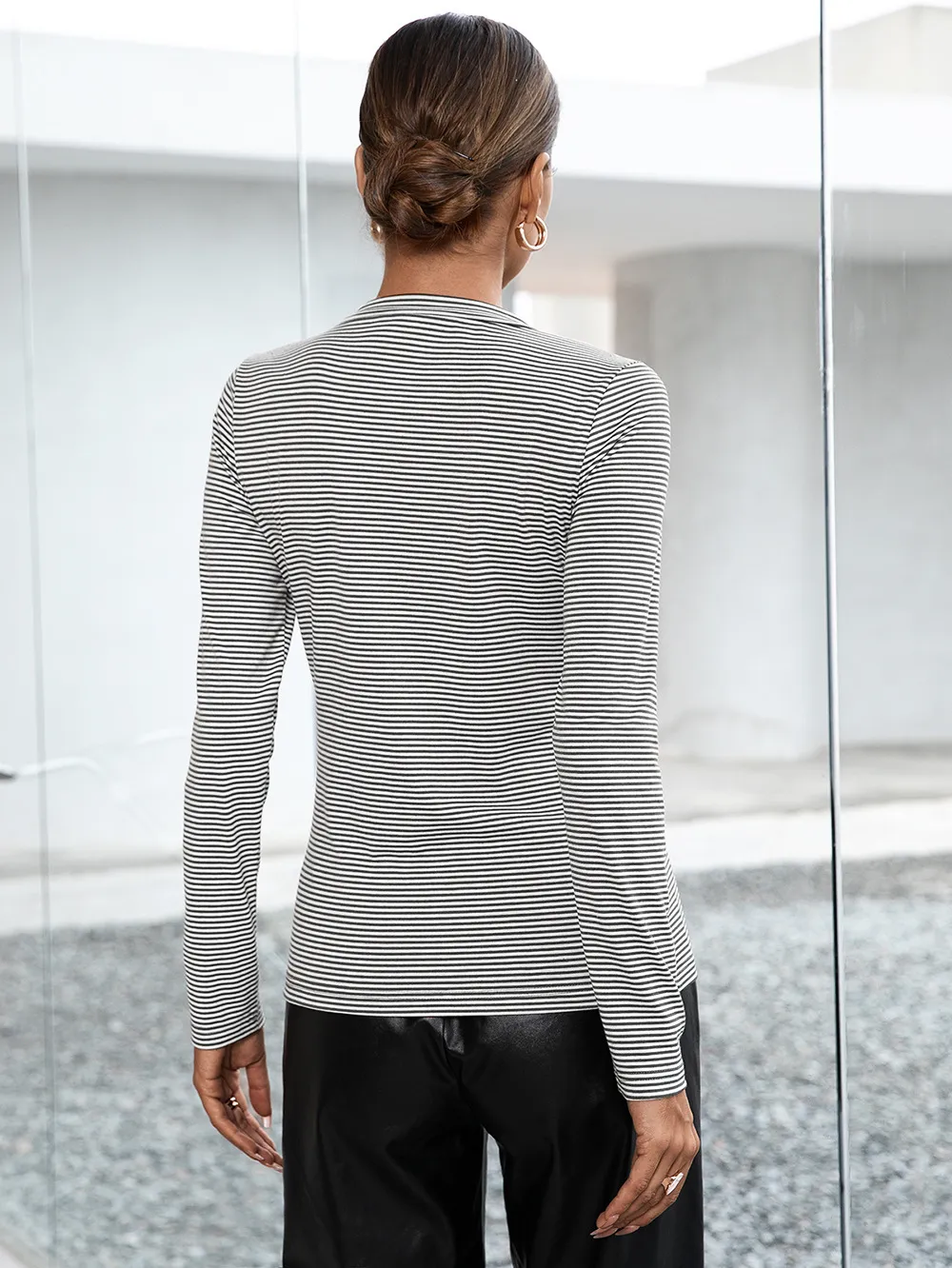 Striped Buttoned V-Neck Long Sleeve Top, image 3