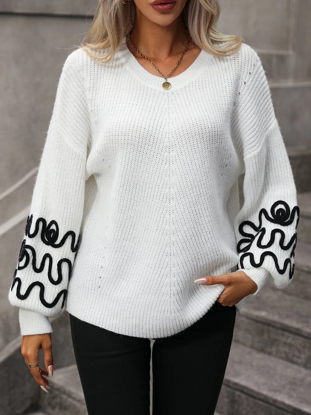 Contrast Drop Shoulder Round Neck Sweater, image 3
