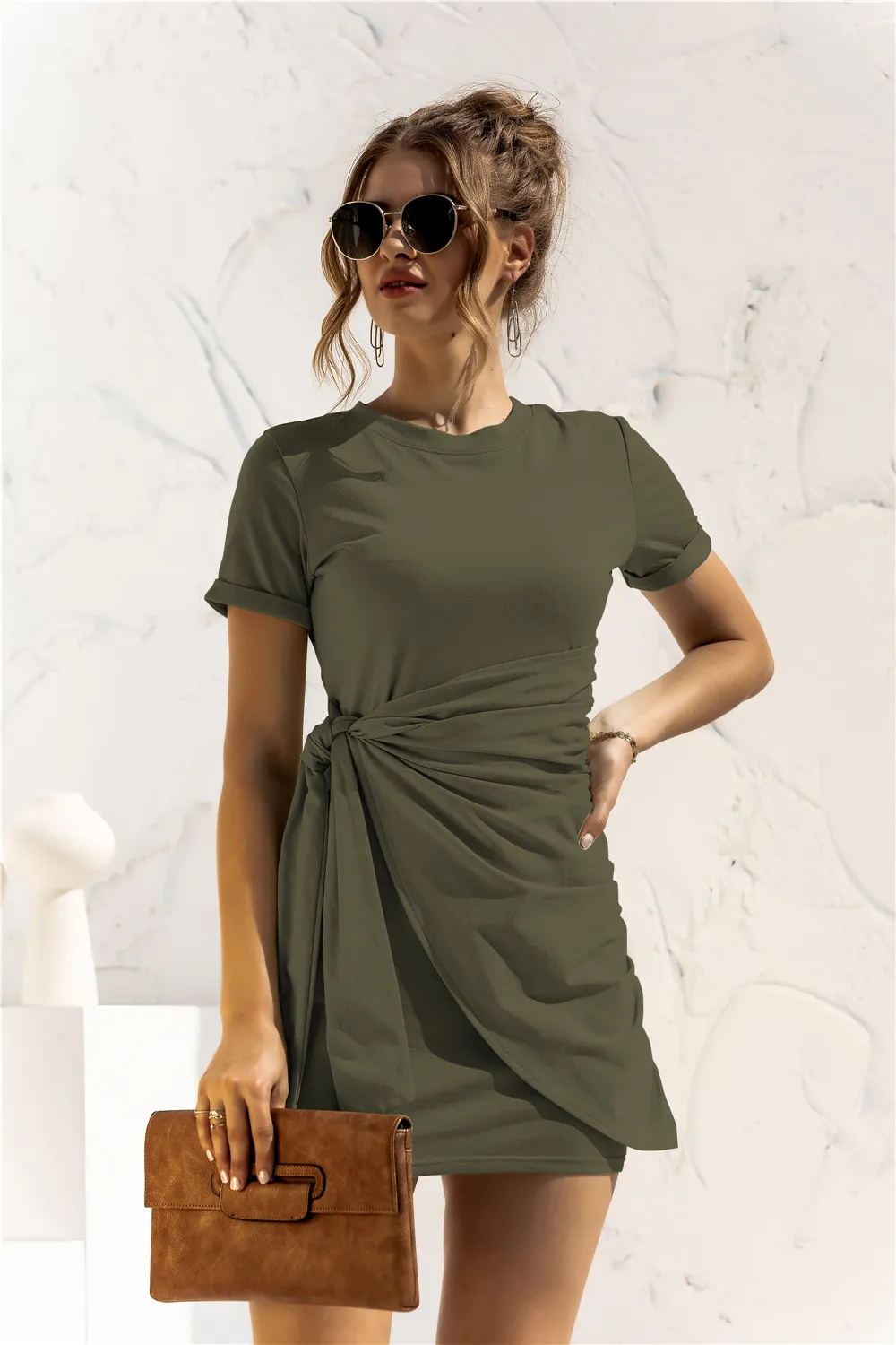 Round Neck Cuffed Sleeve Side Tie Dress, image 7