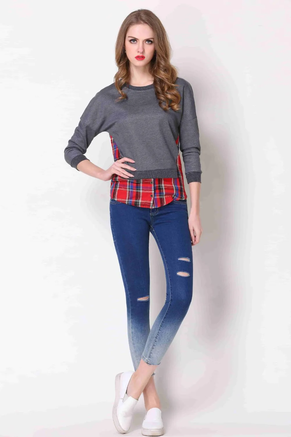 Full Size Plaid Patch Drop Shoulder Round Neck Top, image 3