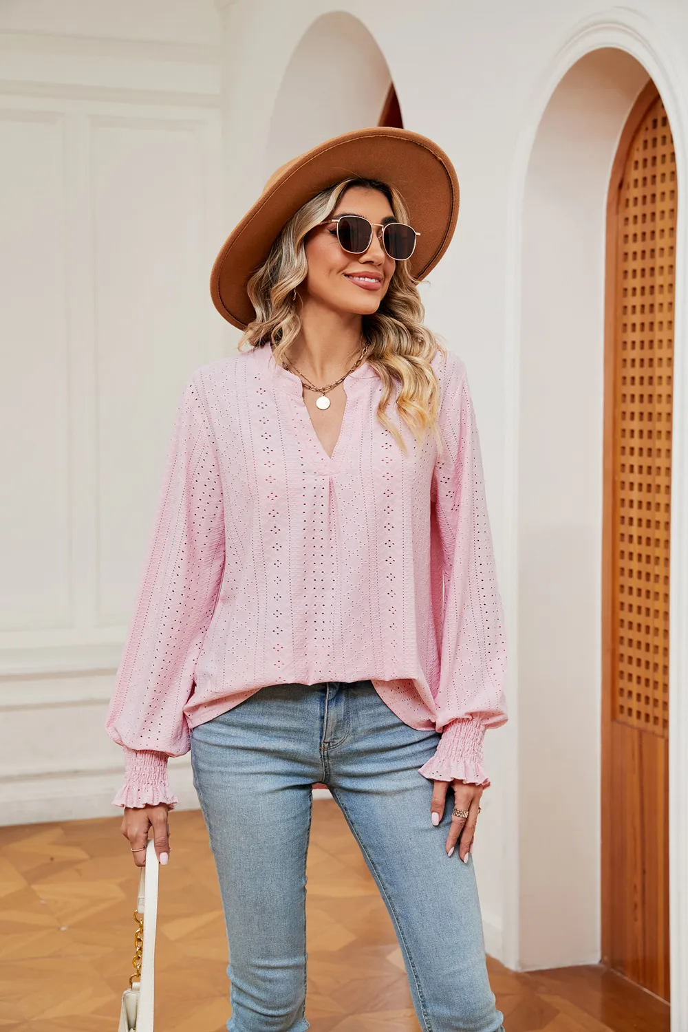 Notched Neck Flounce Sleeve Blouse, image 11