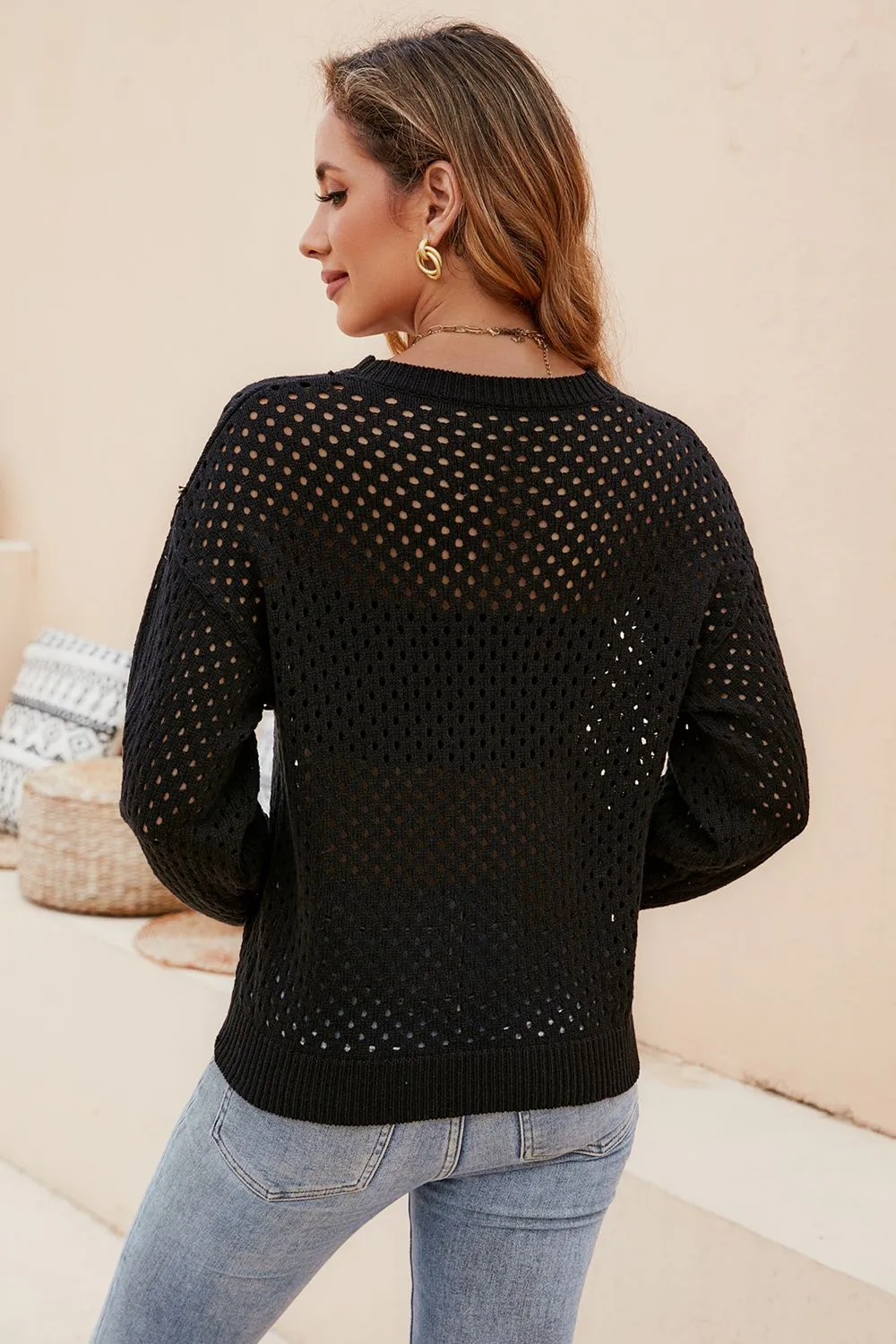 Round Neck Openwork Dropped Shoulder Knit Top, image 8