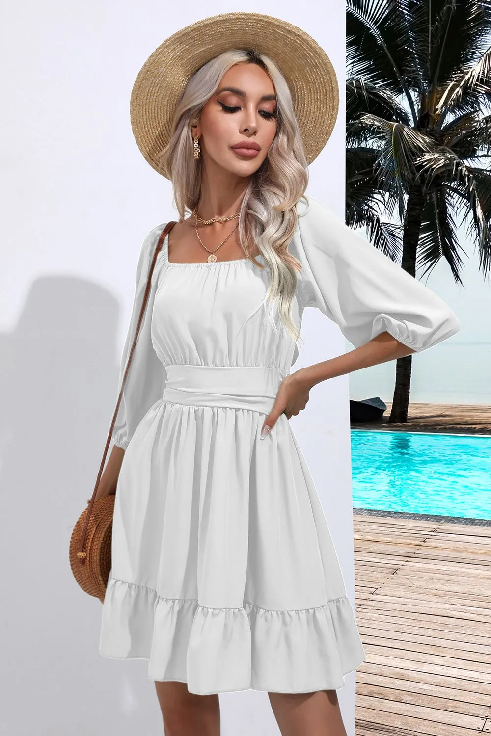 Square Neck Tie Back Ruffle Hem Dress, image 7