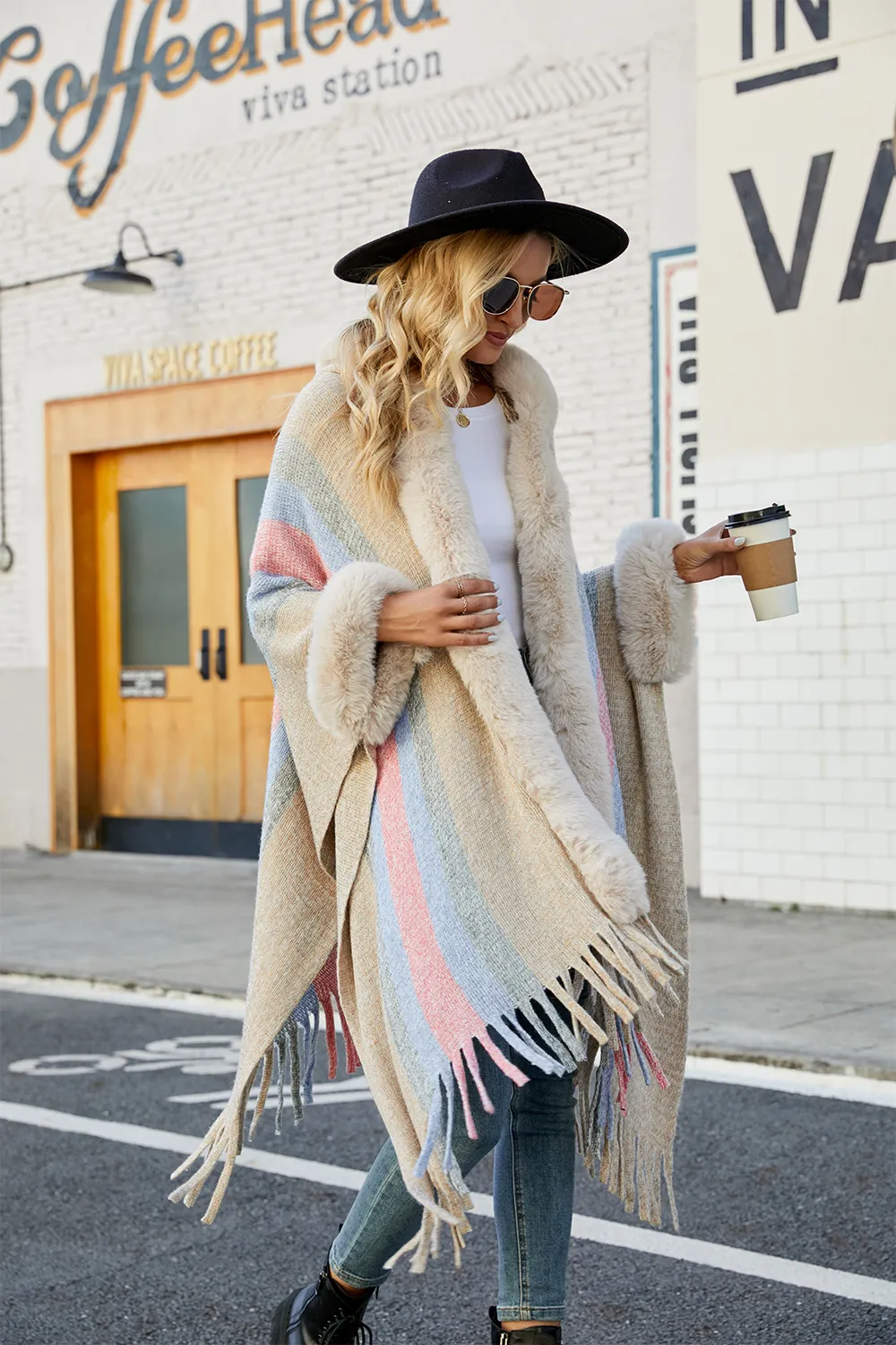 Color Block Fringe Detail Poncho, image 4