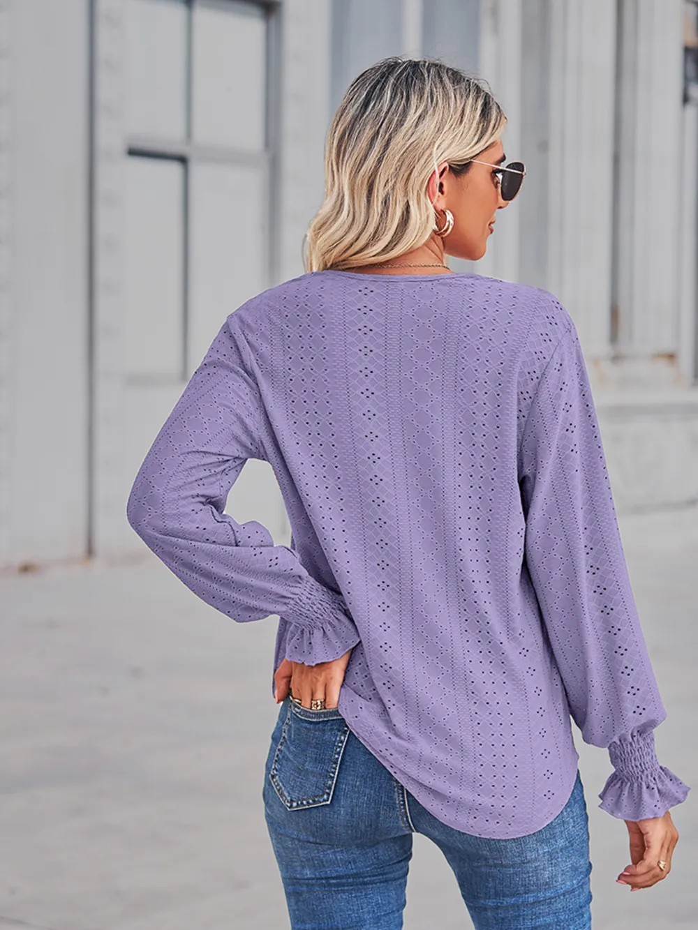 V-Neck Eyelet Flounce Sleeve Blouse, image 3