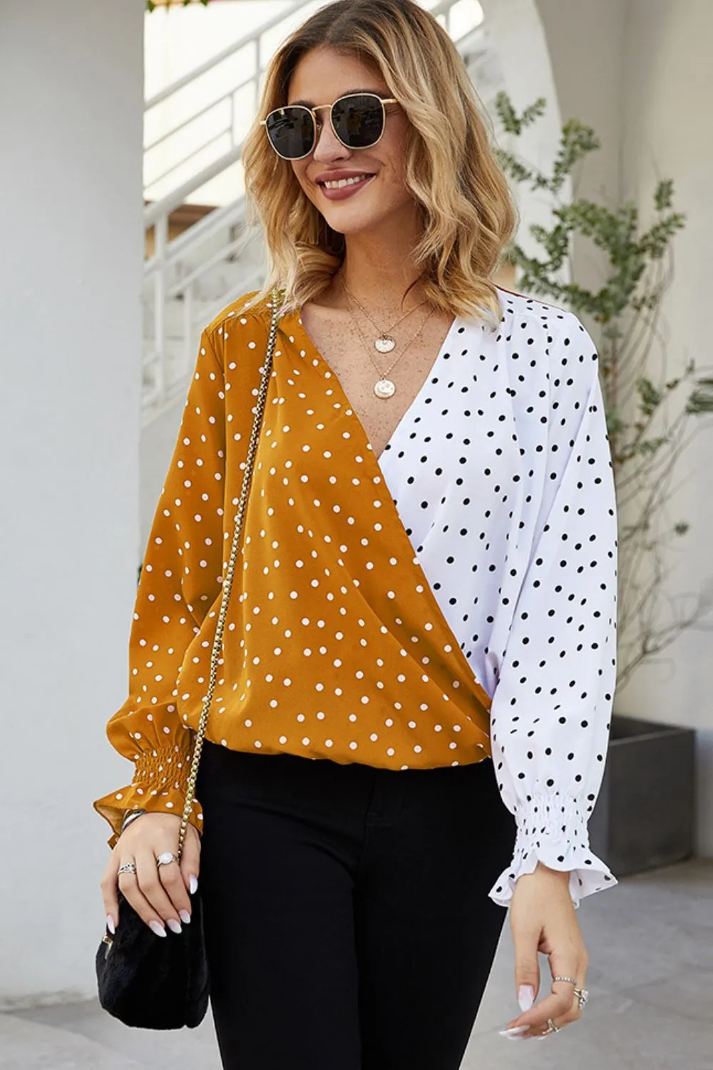 Polka Dot Surplice Neck Lantern Sleeve Blouse, image 4
