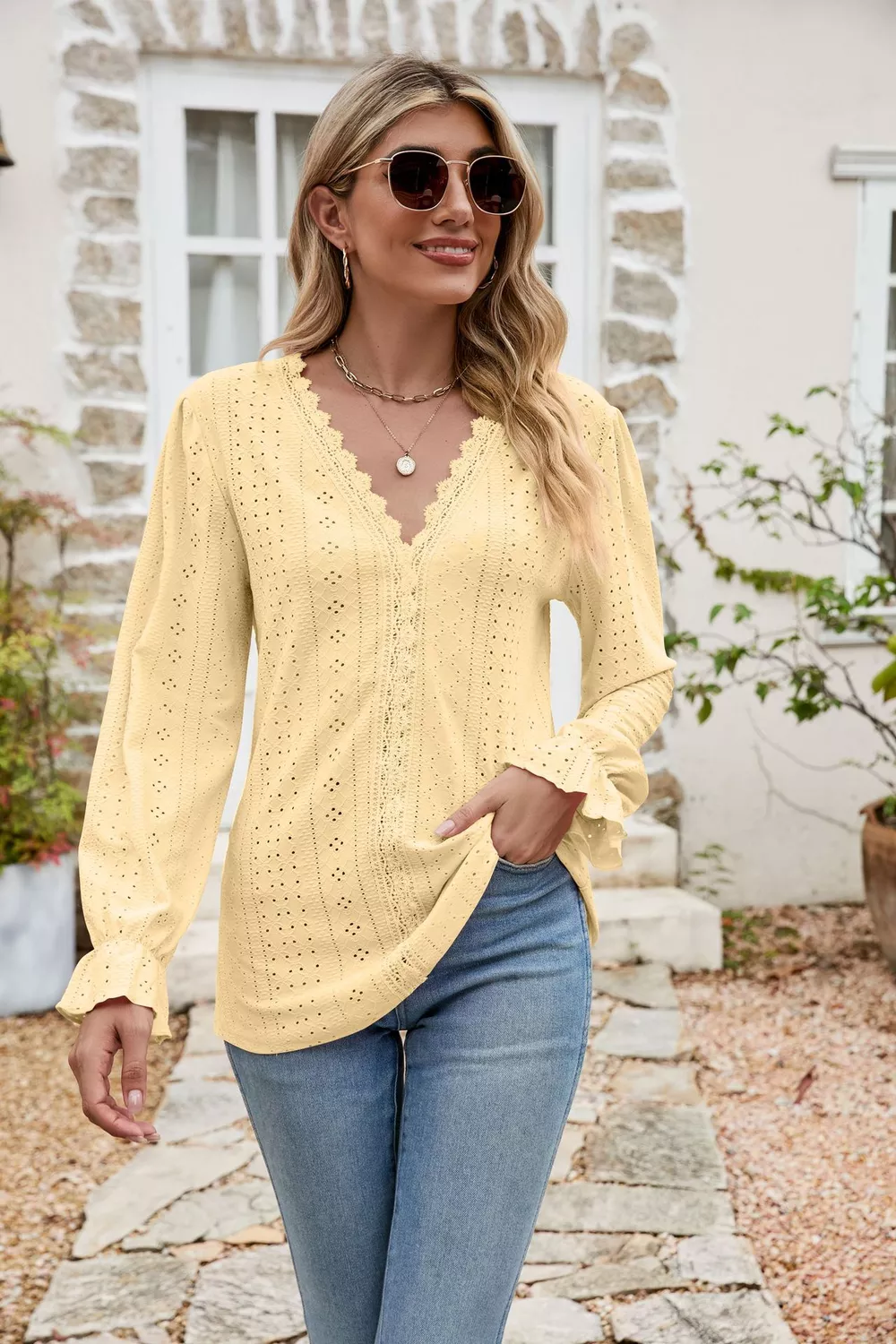 Eyelet Lace Trim Flounce Sleeve Blouse, image 7