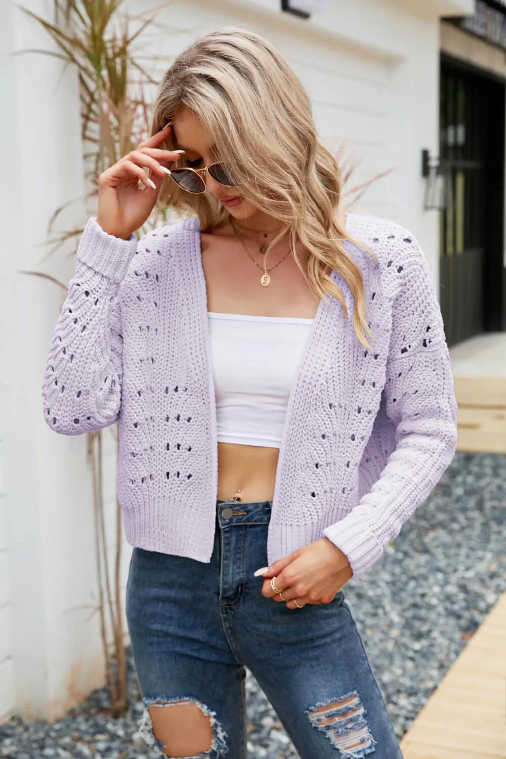 Open Front Cuffed Cropped Cardigan, image 2