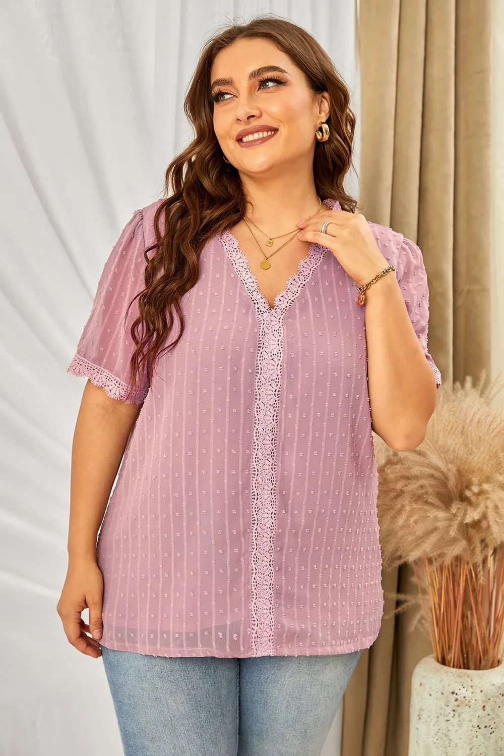 Plus Size Swiss Dot Spliced Lace V-Neck Blouse, image 2