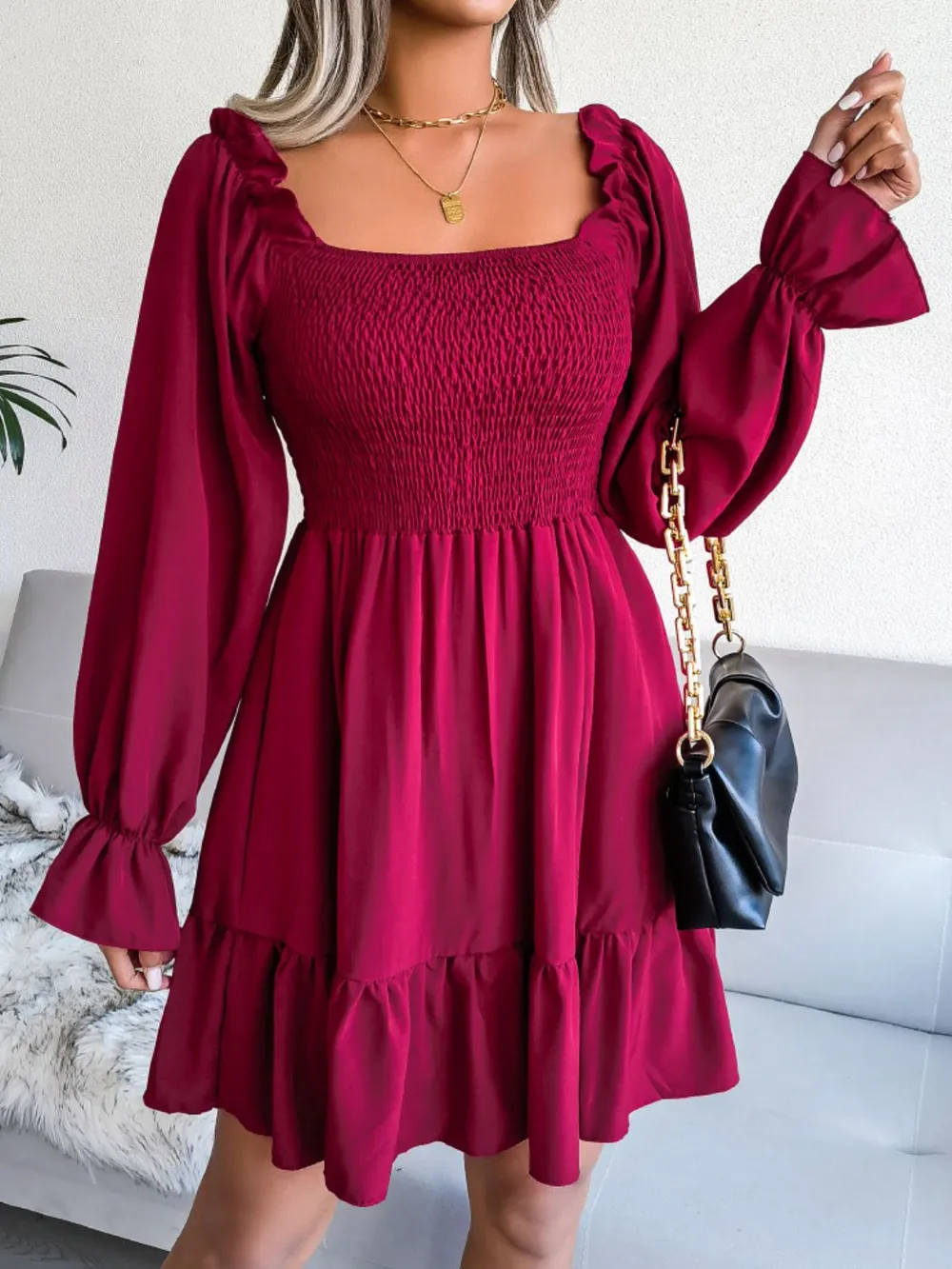 Smocked Flounce Sleeve Square Neck Dress, image 12